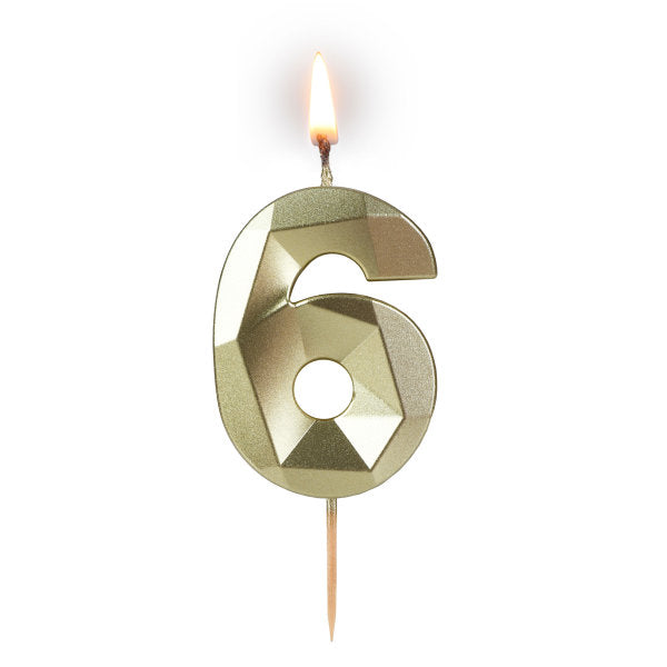 świeczka cyferka "6" 5,8cm "DIAMENT" ZŁOTA na patyku ( długość patyka 4,2cm / 2cm ) 24szt. 64-06
