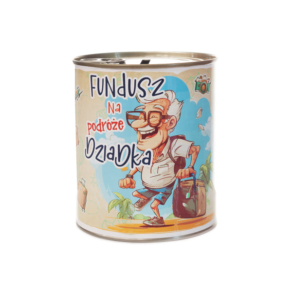 skarbonka metalowa urodzinowa z napisem "Fundusz na podróże Dziadka"
