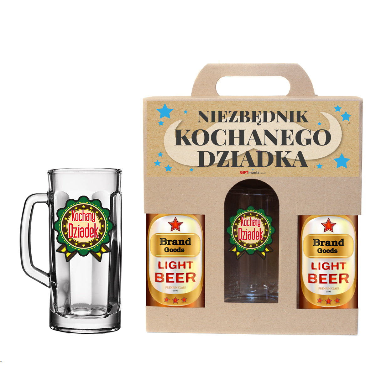 zestaw prezentowy NIEZBĘDNIK DZIADKA.Dedykowany kufel do piwa 0,5l z nosidłem na 2 butelki "Kochany Dziadek"