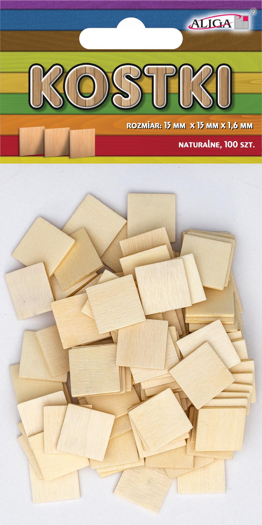 kostka drewniana 100szt.  naturalna 15x15x1,3mm | PK-0622