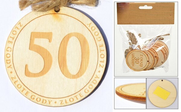 zawieszka drewniana lub do przyklejenia z tekstem ''50'' 10 szt. ozd-005