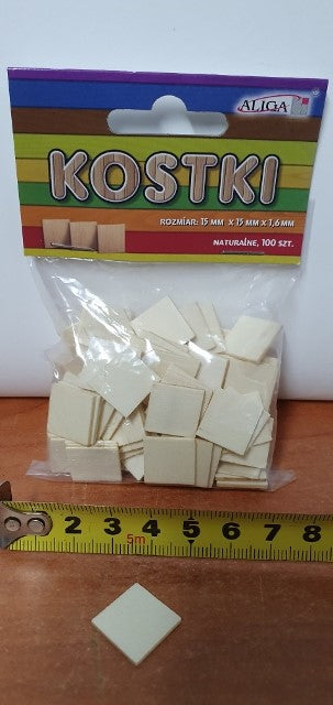 kostka drewniana 100szt.  naturalna 15x15x1,3mm | PK-0622