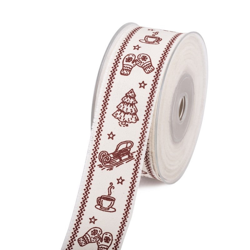 wstążka lniana tkana motywem świątecznym 4cm x 10yd