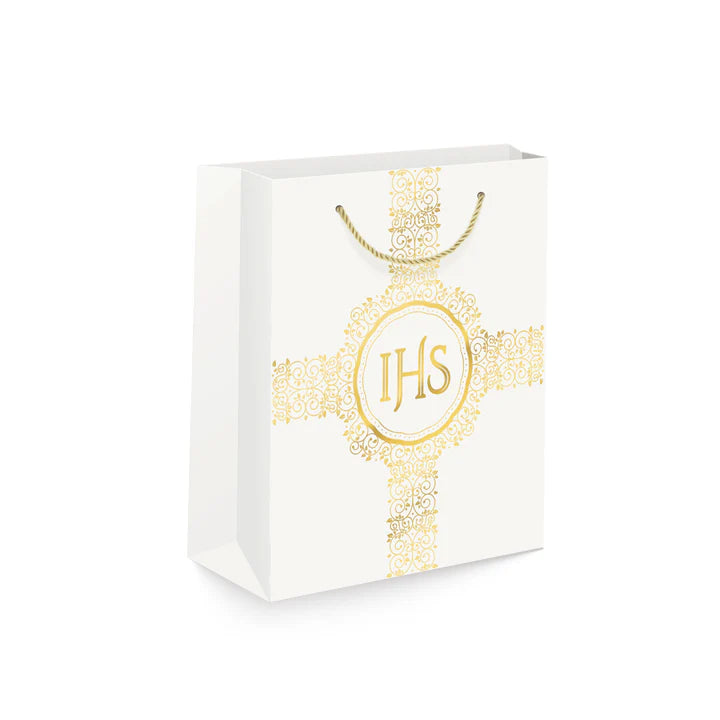 torebka 12szt  na prezenty 26 x 32 x 12cm IHS biało-złota 127469