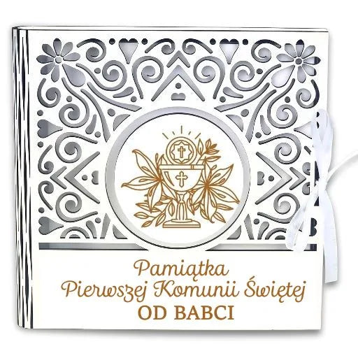 pudełko na pieniądze kwadrat KOMUNIA- od BABCI – Ażur 3308A-KOM1B-B