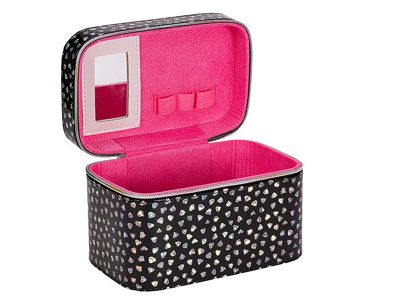 kuferek  walizka z lusterkiem zapinany na zamek czarny z hologramem 21 x 14 x 13cm