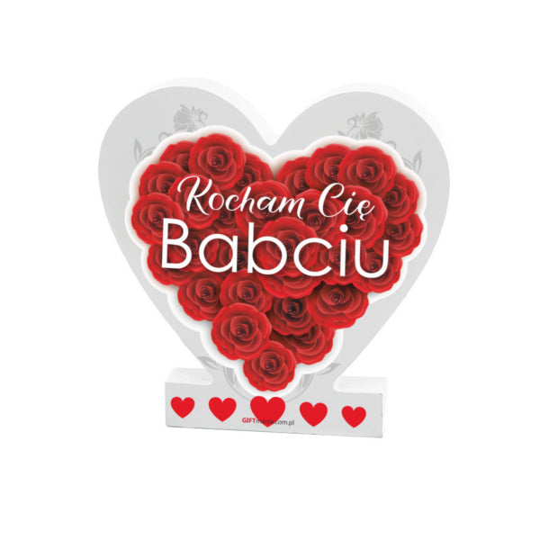 drewniana tabliczka serce z podstawką wzbogacona lakierem UV z napisem " Kocham cię Babciu" 14.8x15x1,5 cm