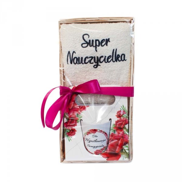 zestaw prezentowy dla Nauczycielki - Ręcznik Super Nauczycielka + kubek