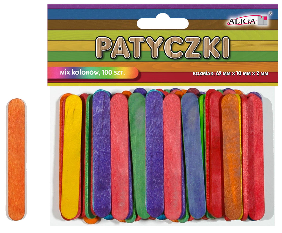 patyczki płaskie drewniane 100szt. MIX KOLOR 65x10x2mm | PK-0074