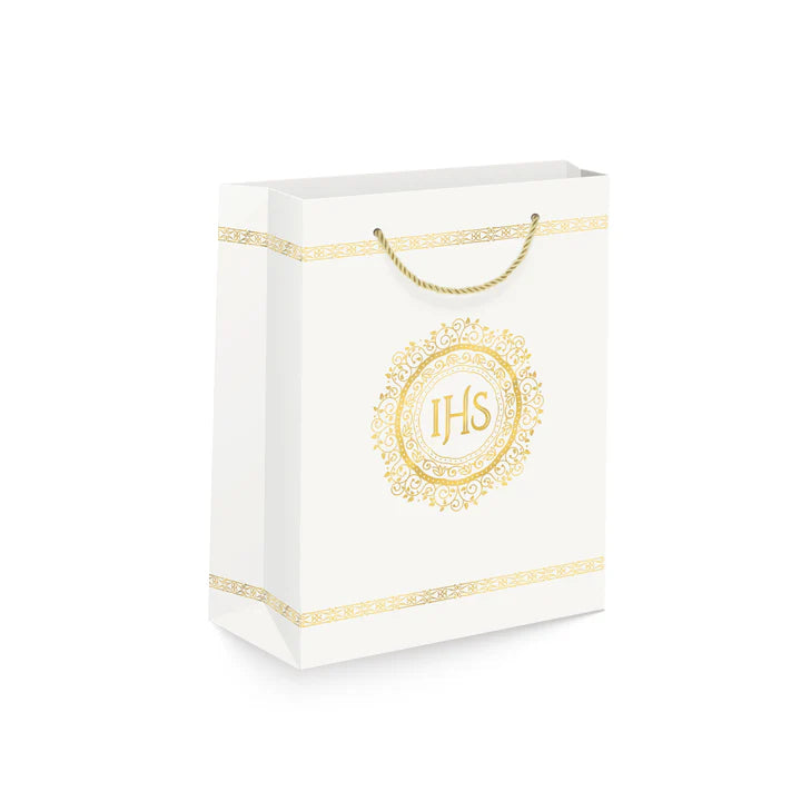 torebka 12szt  na prezenty 26 x 32 x 12cm IHS biało-złota 127469