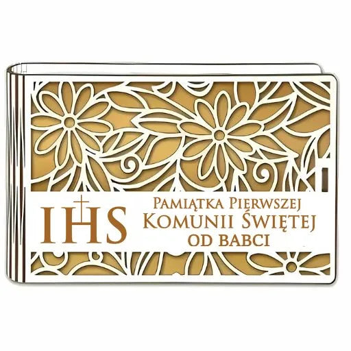 pudełko na pieniądze banknotówka KOMUNIA – od BABCI – Ażur 3302A-KOM2Z-B