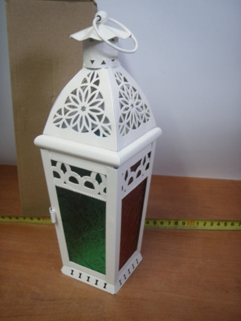latarnia metalowa  z kolorowymi szybkami  biała / czarna 32 cm   LAT-16035
