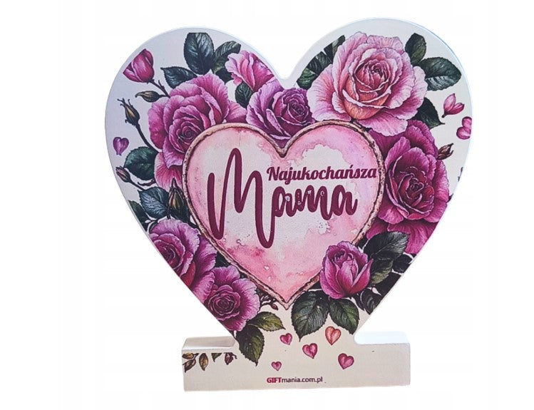 Drewniana tabliczka serce z podstawką wzbogacona lakierem UV z napisem "Najukochańsza Mama" 9,5x1,5x15 cm