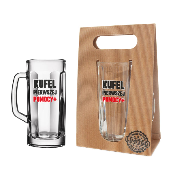 kufel do piwa w ozdobnym opakowaniu eco z napisem "Kufel Pierwszej Pomocy". 650 ml