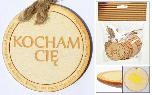 zawieszka drewniana lub do przyklejenia   z tekstem "Kocham Cię " 10 szt. OZD-24