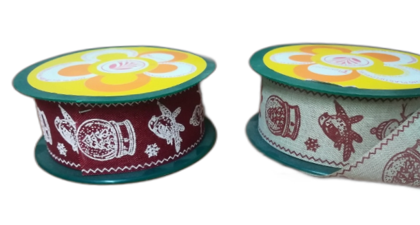 wstążka lniana tkana motywem świątecznym 4cm x 10yd