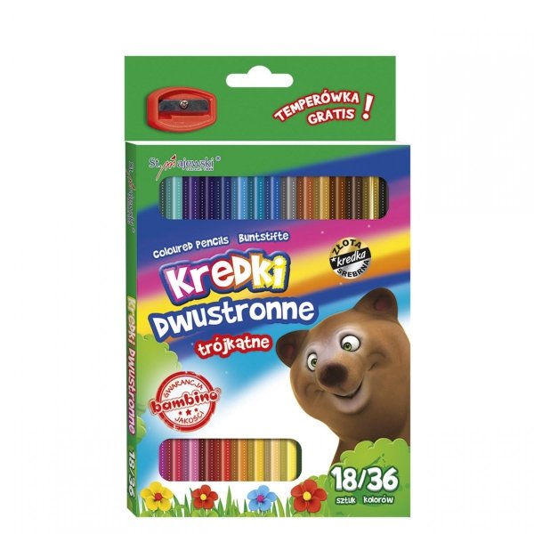 kredki trójkątne dwustronne 18szt + temperówka BAMBINO  4957