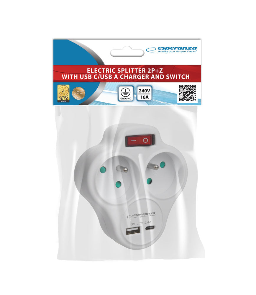 rozgałęźnik elektryczny z wyłącznikiem 2 gniazda z ładowarką USB-C/USB-A  ELK311W