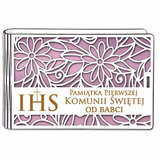 pudełko na pieniądze banknotówka KOMUNIA – od BABCI – Ażur 3302A-KOM2R-B
