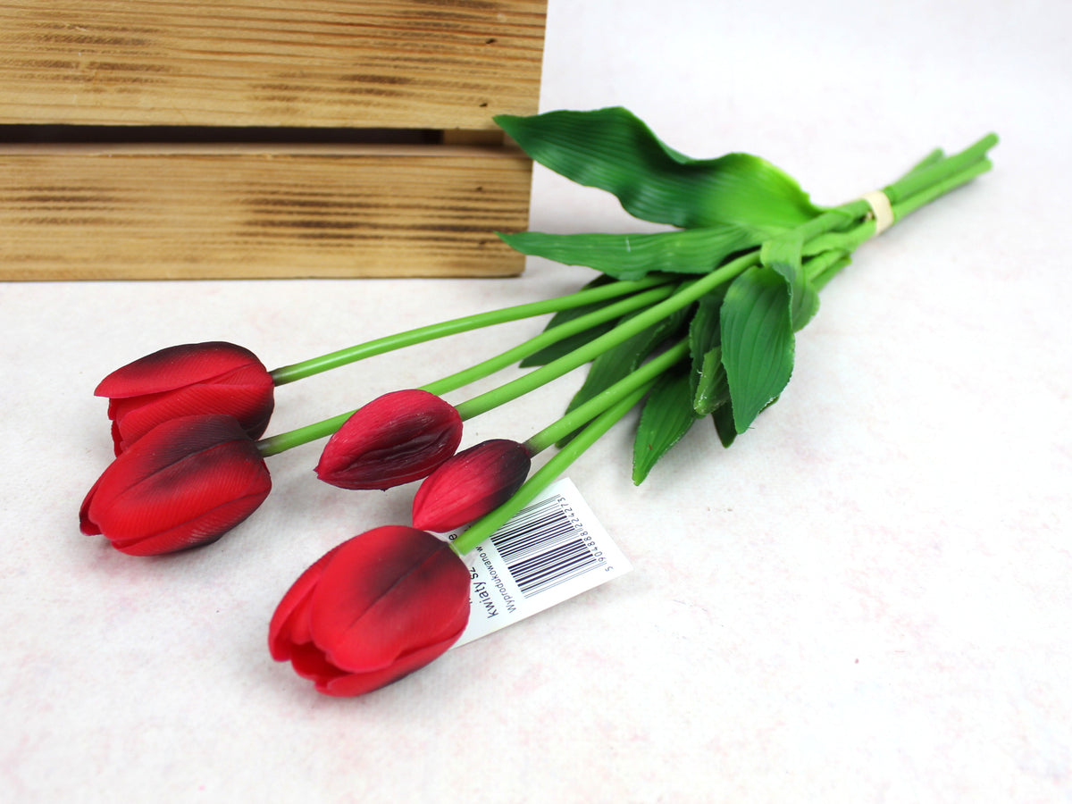 bukiet pęczek TULIPAN gumowy wys. 46 cm, 5 łodyg (3 kwiaty 5 x 4 cm + pąki) BORDO MH-137E