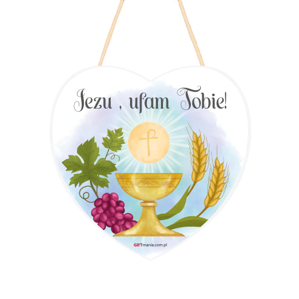 drewniana tabliczka 12 x 12cm  w kształcie serca druk UV z napisem "Jezu, ufam Tobie!"