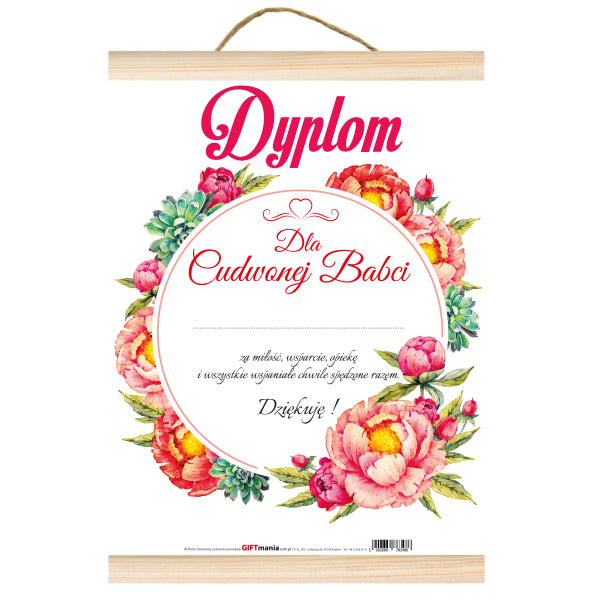 dyplom A4 z drewnianymi listewkami "Dla Cudownej Babci"