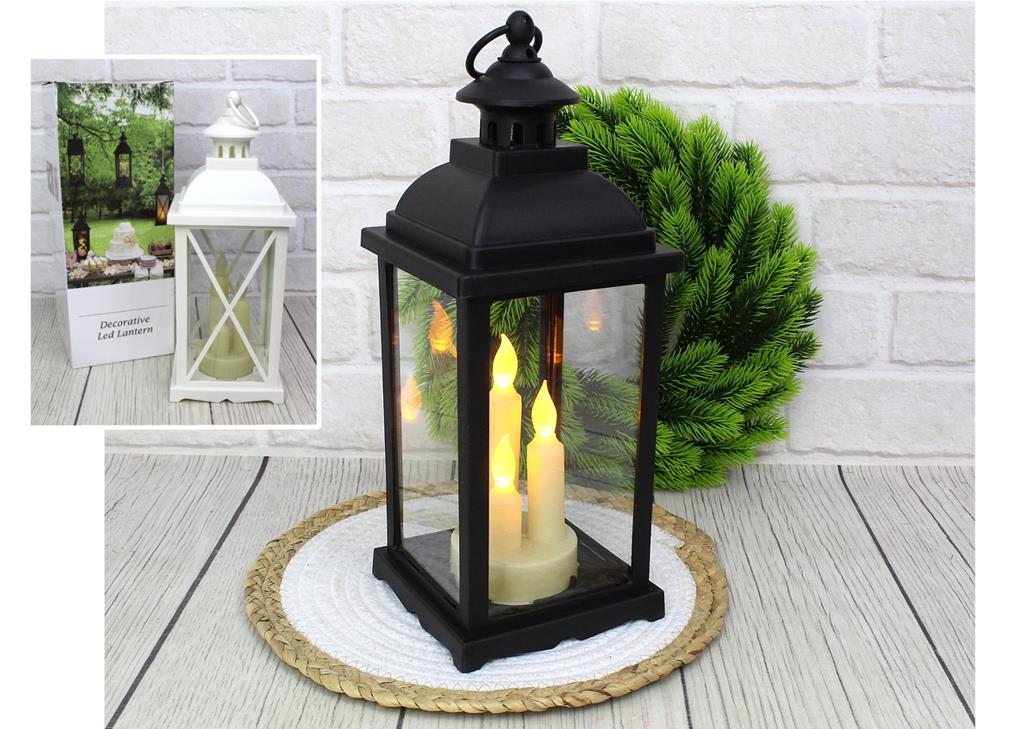 lampion, latarnia szło-plastik LED z trzema świecami mix biały i czarny 34x13 cm AE-8713