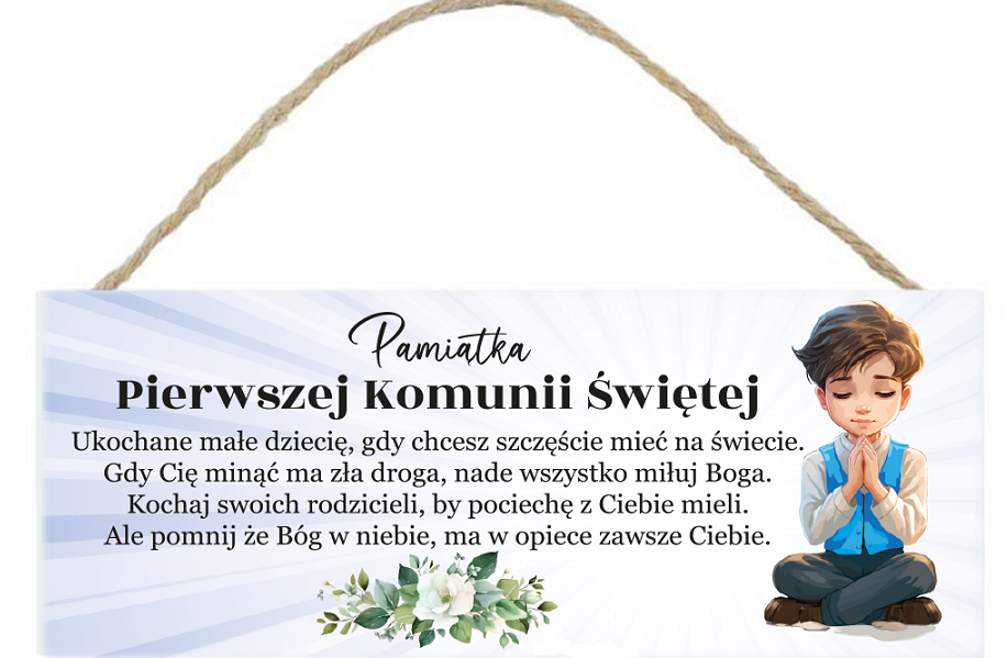 drewniana tabliczka prostokąt wzbogacona lakierem UV "Pamiątka Pierwszej Komunii Świętej" 18 x 7,5 cm