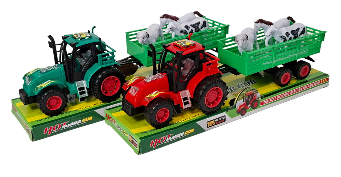 traktor z przyczepą i zwierzętami