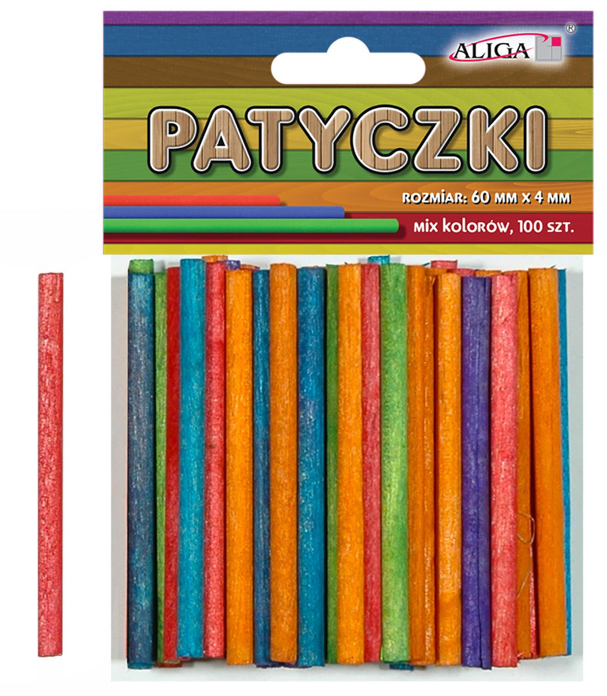 patyczki okrągłe drewniane 100szt. MIX KOLOR 60mm x 4mm    PK-0159