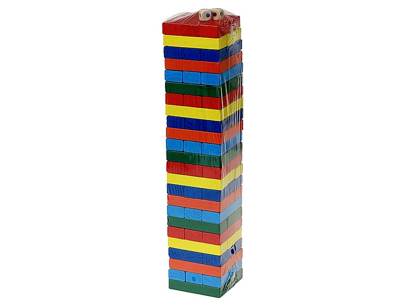gra wieża, drewniana, 72 elementy kolorowa ; 37,5x8x7,5cm