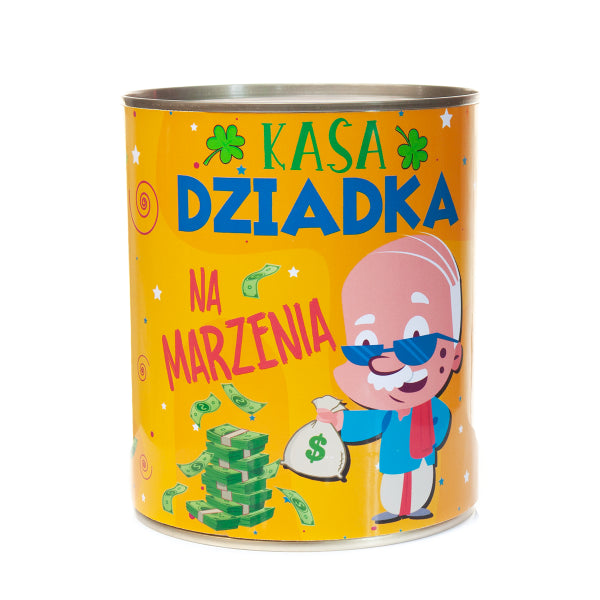 skarbonka metalowa z napisem " Kasa DZIADKA na marzenia" 10x11.6 cm