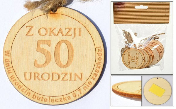zawieszka drewniana lub do przyklejenia z tekstem "Z okazji 50 urodzin" 10 szt. OZD-006