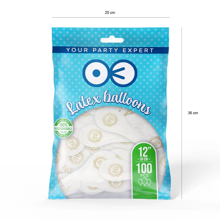 balony komunijne biodegradowalne IHS biało-złote 12cali 100szt. 128879
