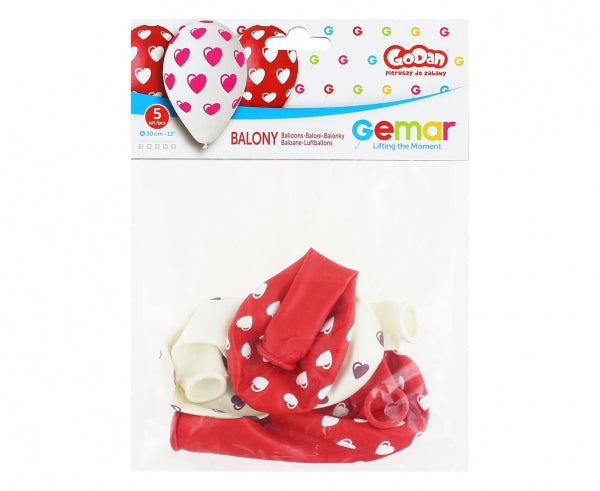 balony premium "Serduszka", czerwone i białe, 12" / 5 szt. GS110/P198