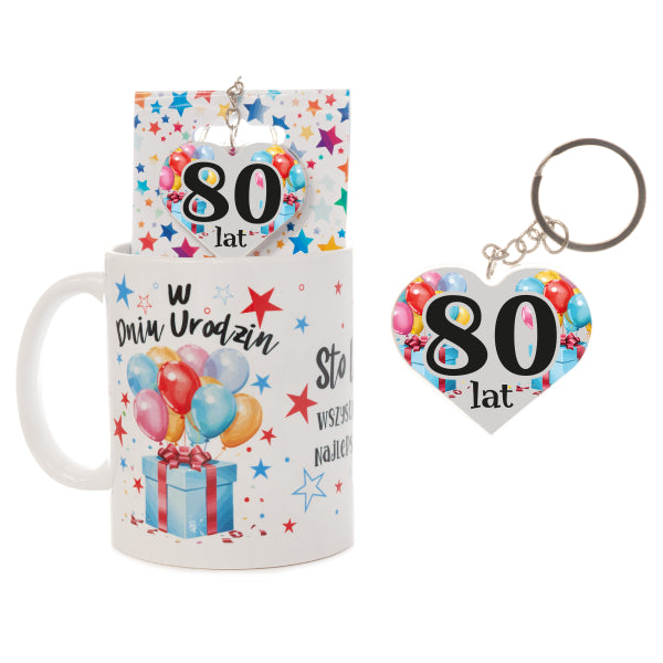kubek ceramiczny z napisem "W Dniu Urodzin" + breloczek dwustronny na blisterku 80 lat