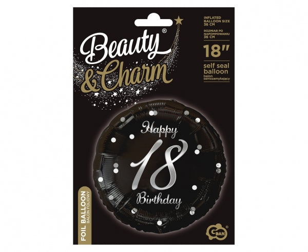 balon foliowy B&C Happy 18 Birthday czarny nadruk srebrny 18" | FG-O18S