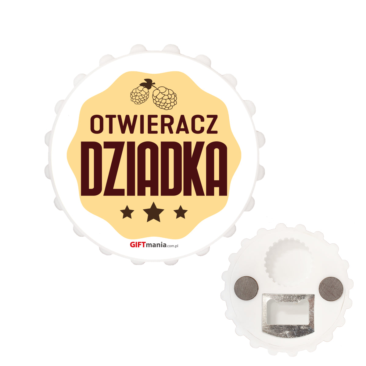 otwieracz w kształcie kapsla "Otwieracz Dziadka". Średnica 7 cm