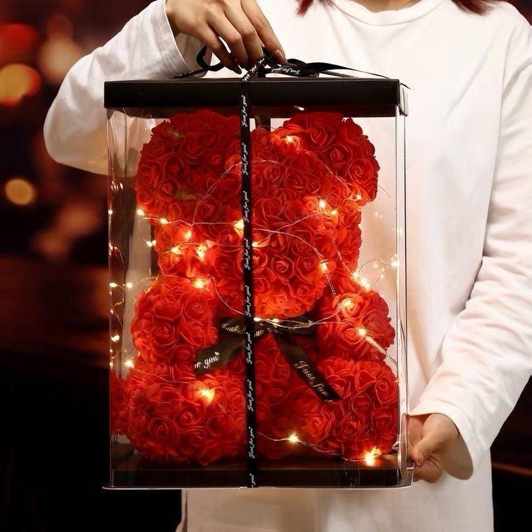 Miś z Róż LED Świecący Czerwonych Kwiatów 25cm Pudełko  Prezent na Walentynki