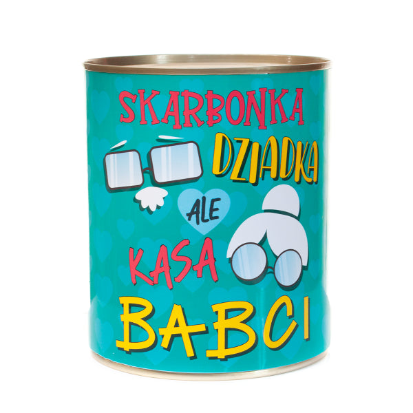 skarbonka metalowa urodzinowa z napisem " Skarbonka DZIADKA ale kasa BABCI". 10x11.6 cm