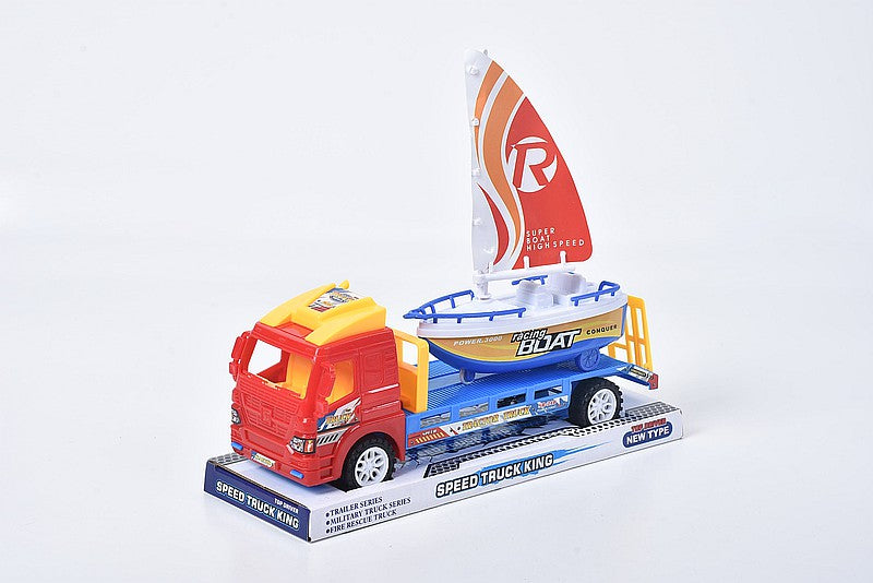 auto z lawetą i łódką, napęd na koło zam;  29x12,5x8,5cm