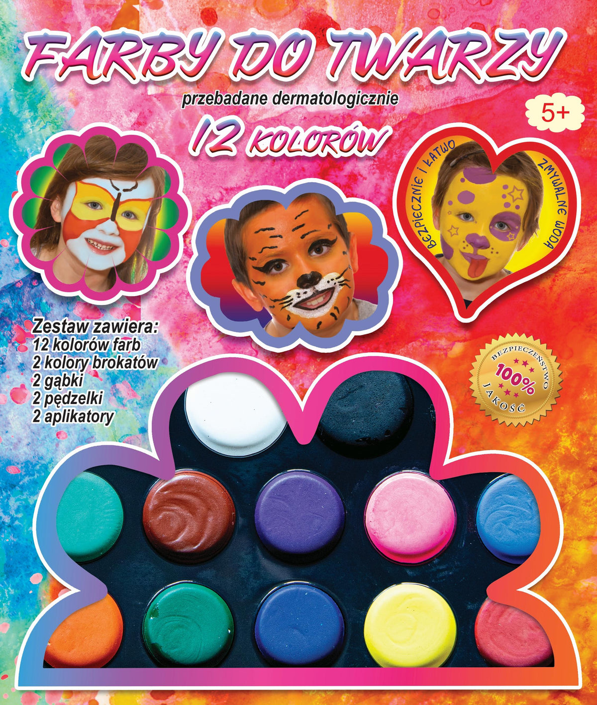 fabry do malowania twarzy, 12 kolorów + brokat + gąbka + pędziel   FA012