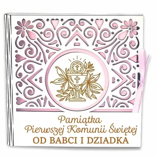 pudełko na pieniądze kwadrat KOMUNIA – od Babci i Dziadka – Dziewczynka Różowa 3308-KOM3BD