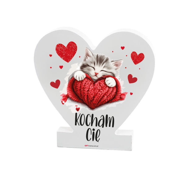 drewniana tabliczka serce z podstawką wzbogacona lakierem UV z napisem "Kocham Cię" - kotek. 14.8x15x1,5 cm