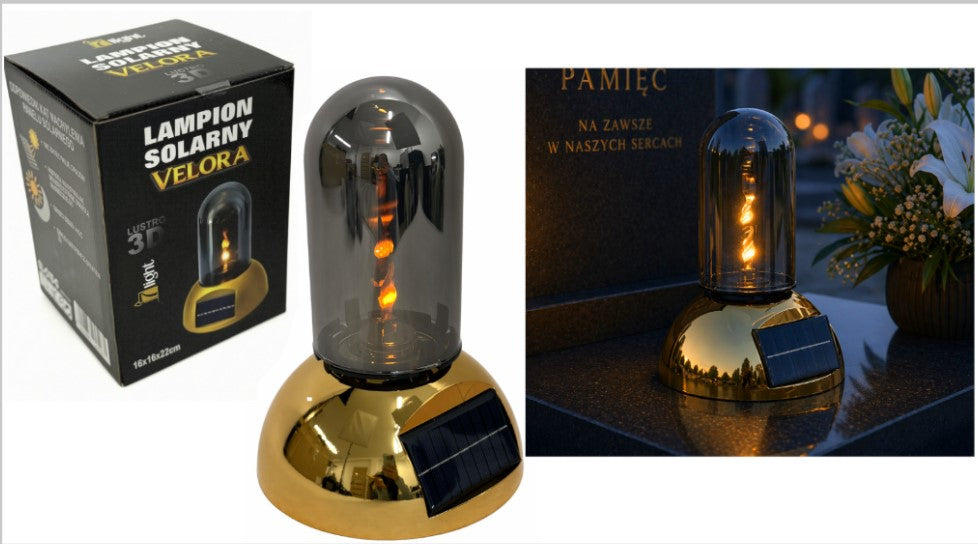 Świeca, lampion SOLARNY VELORA szklana tuba, plastikowa ZŁOTA podstawa 22x16x16 cm  SL-C1S-G