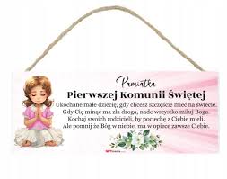 drewniana tabliczka prostokąt wzbogacona lakierem UV "Pamiątka Pierwszej Komunii Świętej" Rozmiar 18 x 7,5 cm dziewczynka