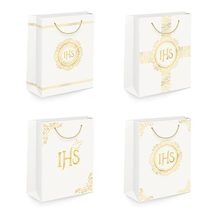 torebka 12szt  na prezenty 26 x 32 x 12cm IHS biało-złota 127469