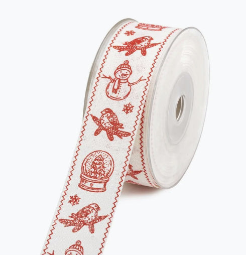 wstążka lniana tkana motywem świątecznym 4cm x 10yd