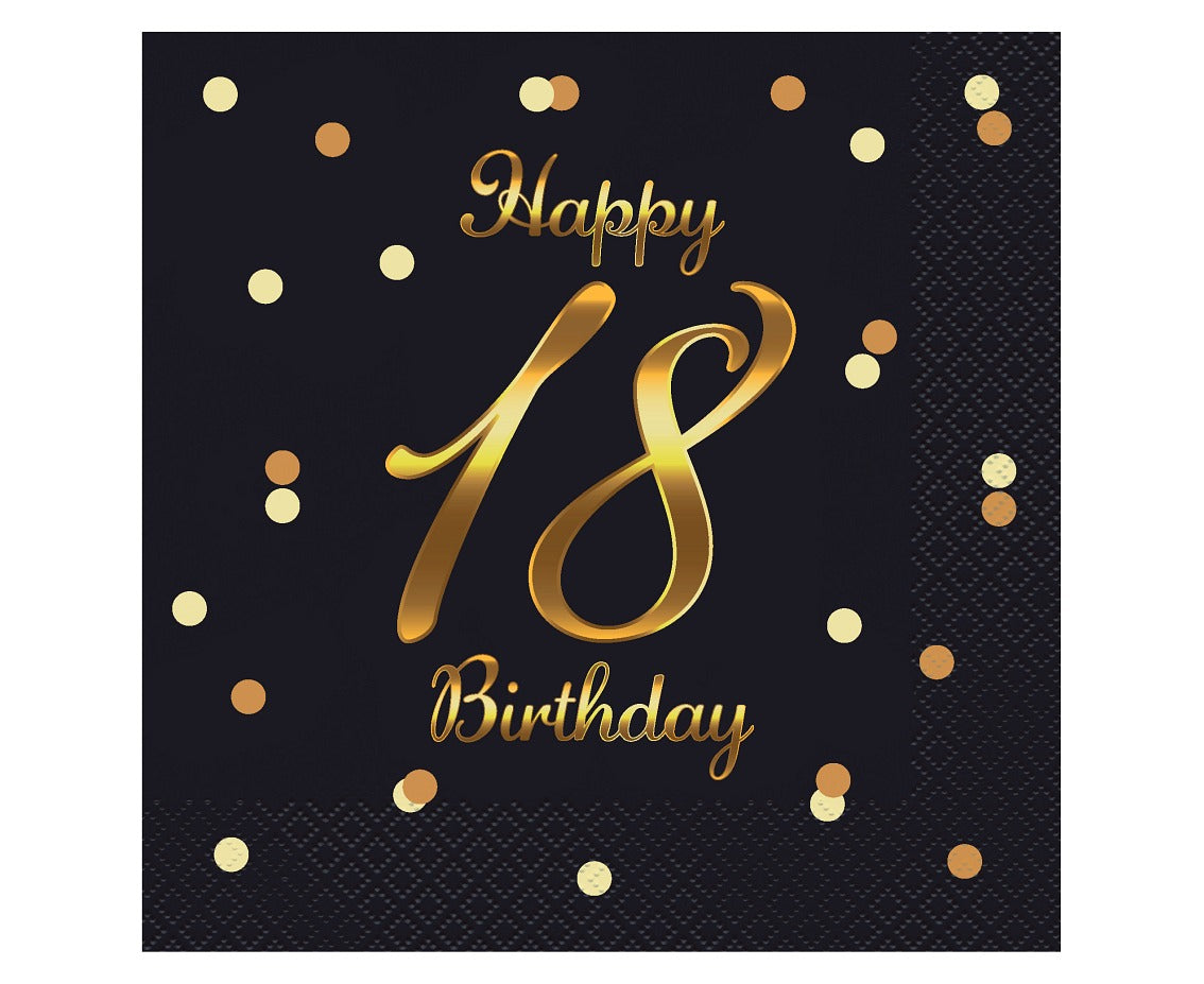 serwetki B&C Happy 18 Birthday czarne nadruk złoty 33 x 33 cm 20 szt. PG-S18C