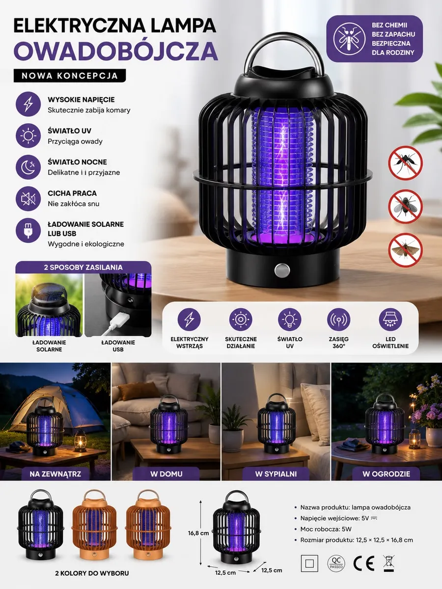 Elektryczna lampa owadobójcza UV z oświetleniem LED czarna 12,5x16,8 cm   190726-96